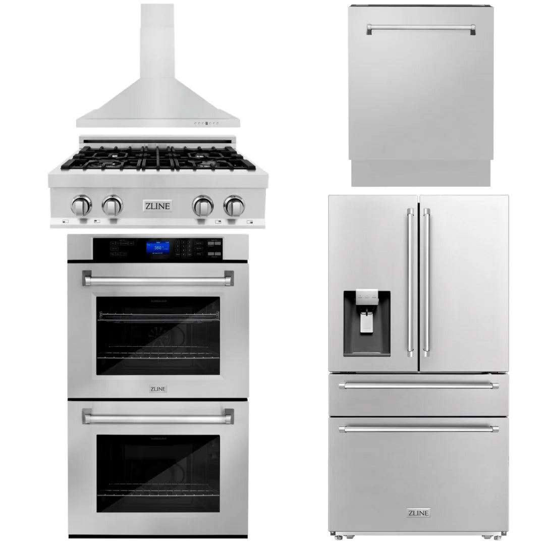 30 Gas Rangetop, Range Hood, Refrigerator, Dishwasher, Double Wall Oven in Stainless Steel Q661