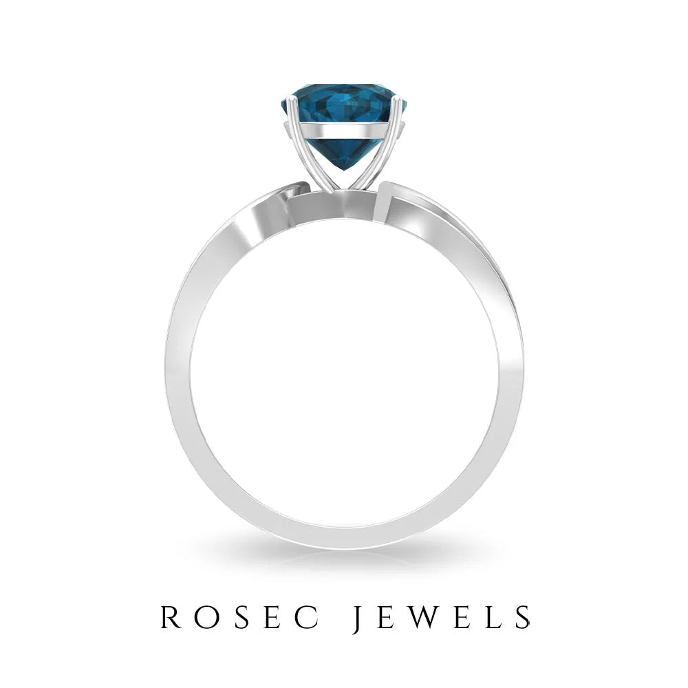 1.50 CT Cushion Cut London Blue Topaz Solitaire and Diamond Ring, 925 Sterling Silver, US 4.00 F1675