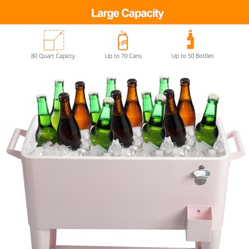 80 Quart Rolling Ice Chest on Wheels Drink Cooler Cart with Shelf H738235