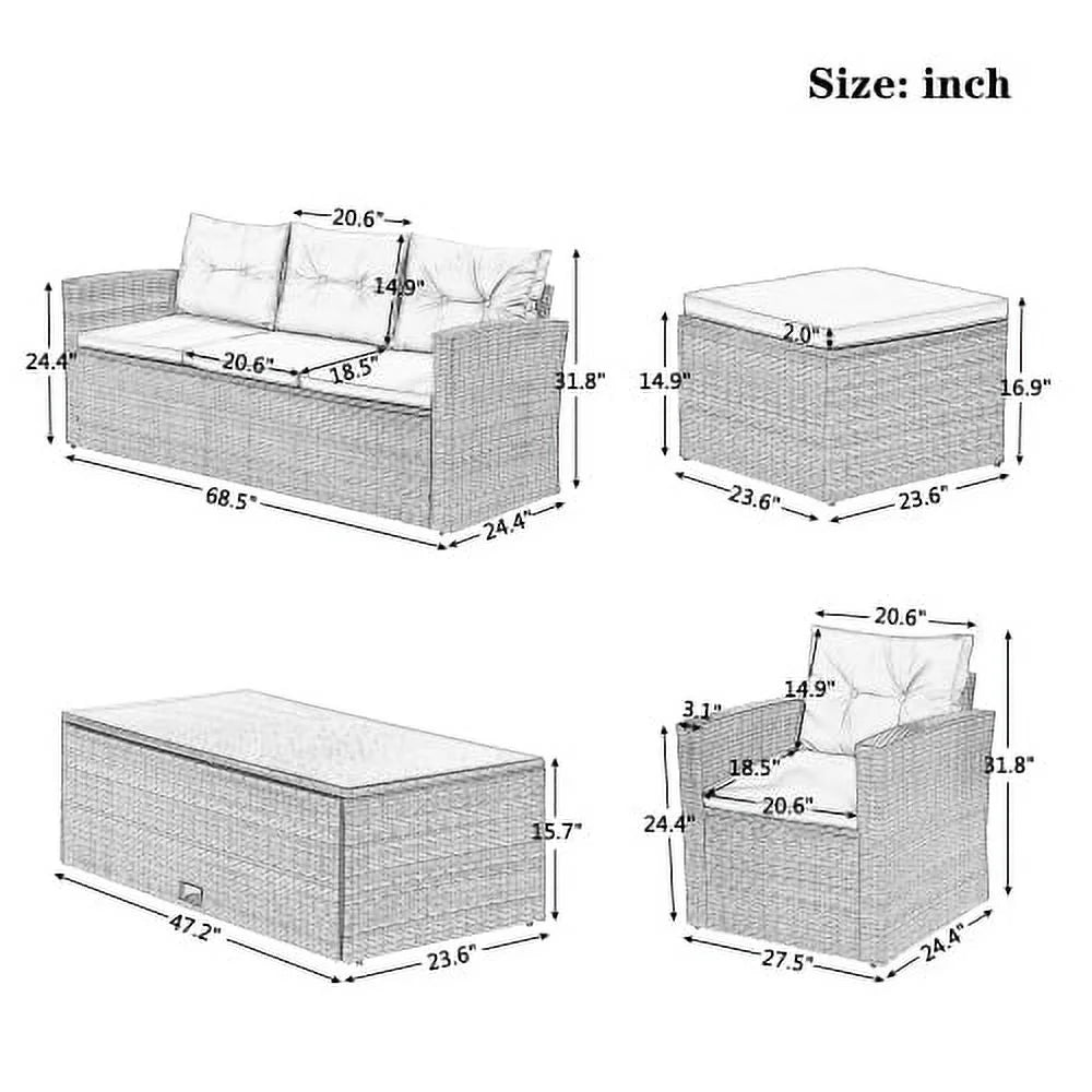 6 Piece Outdoor Patio Furniture Conversation Set with Coffee Table, All-Weather Wicker PE Rattan Sectional Sofas with Ottomans, Black Wicker Beige Cushion A26920