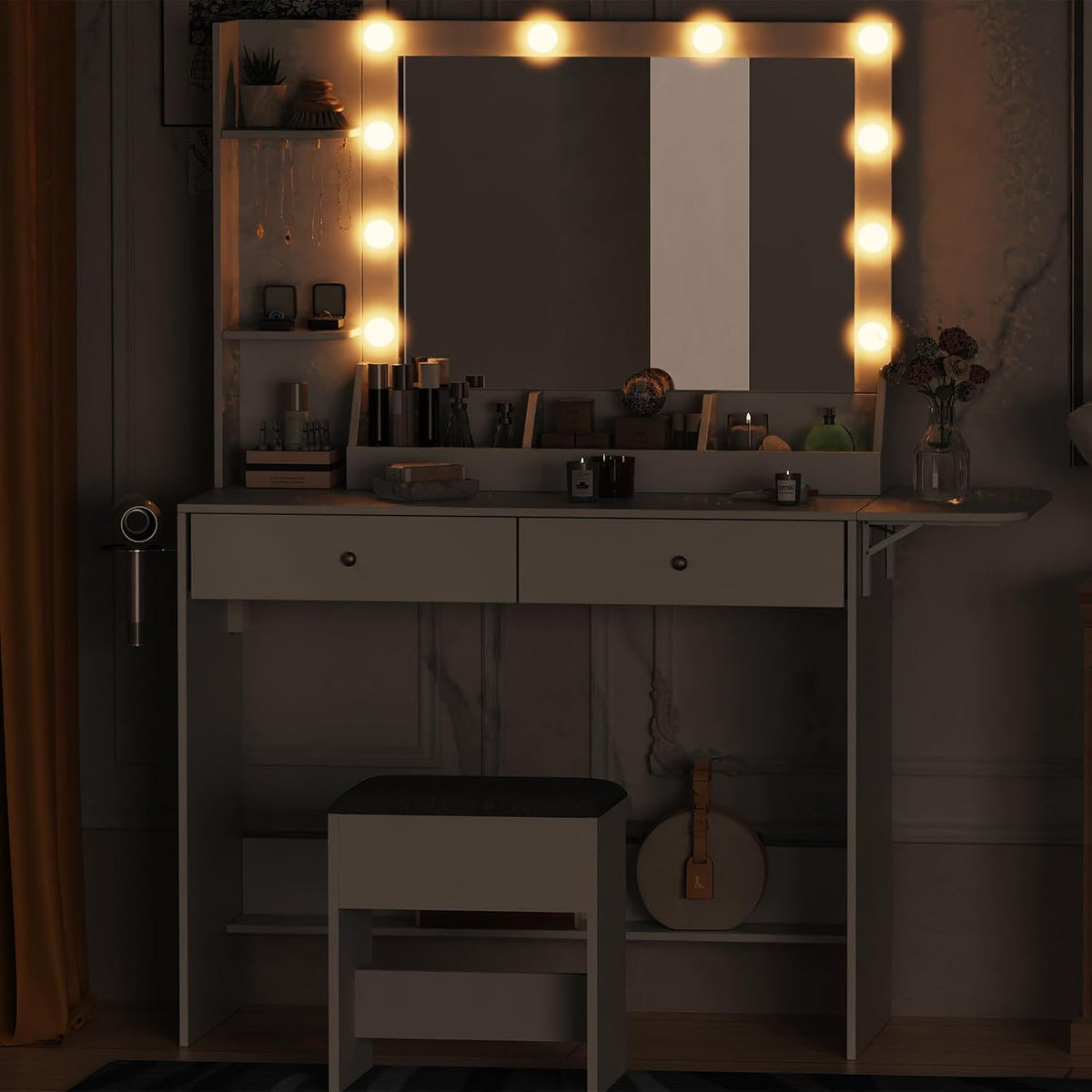White Makeup Vanity Desk with Lights and Charging Station, 2 Drawers & Cushioned Stool U562