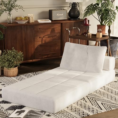 White Chenille Folding Sofa Bed with Headrest & Lumbar Pillow R184