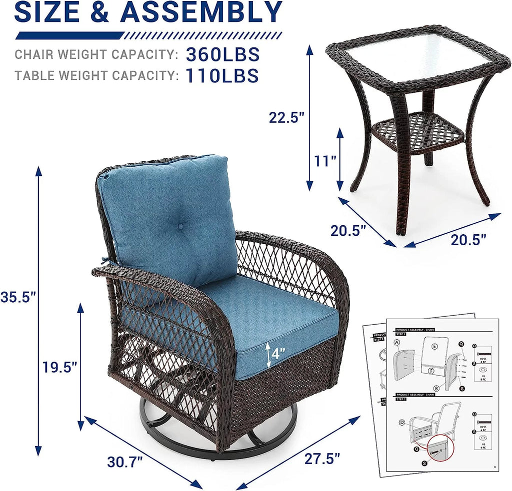 3 Pieces Wicker Patio Bistro Set with Glass Top Side Table G386