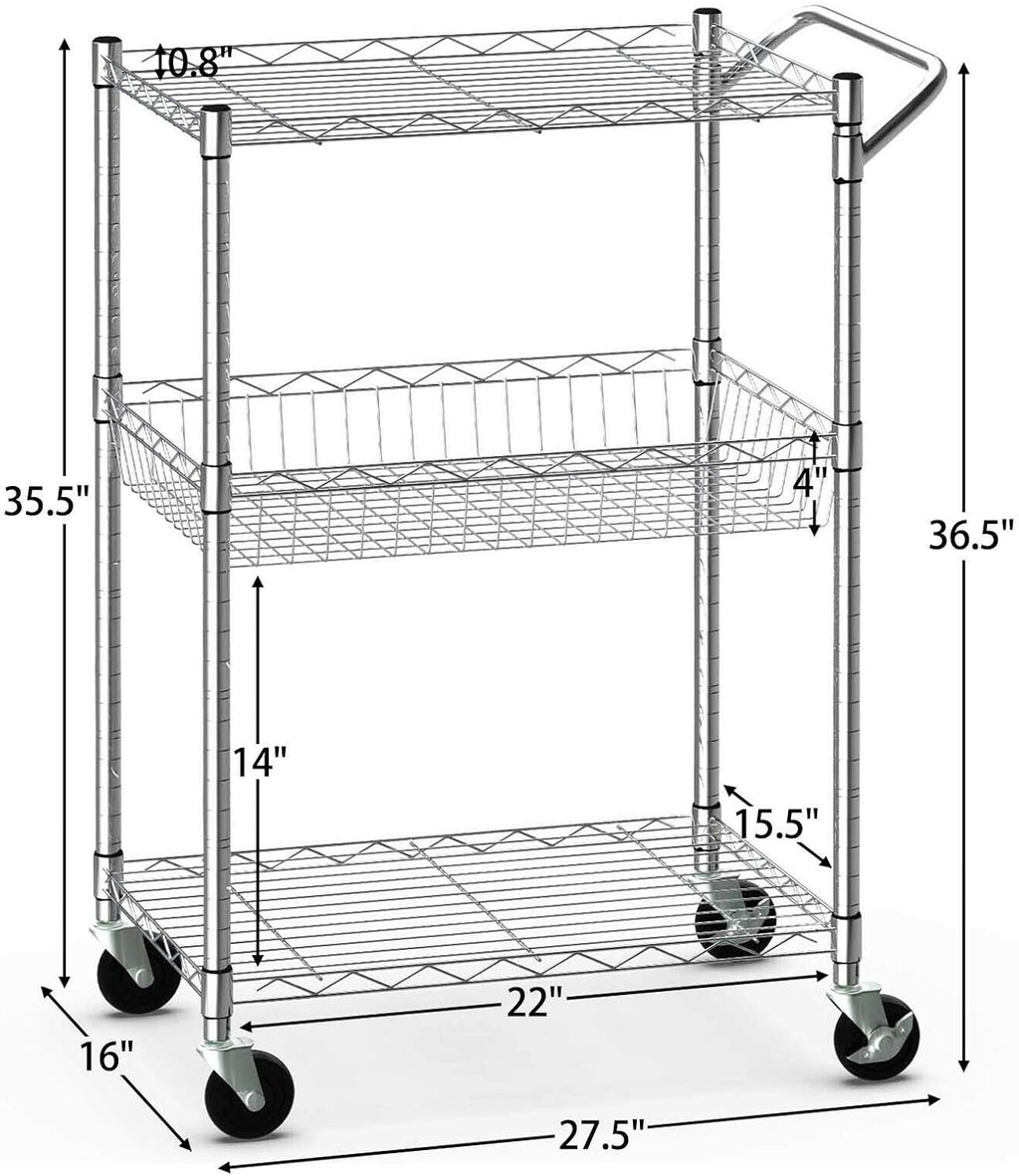 3-Tier Silver Steel Rolling Kitchen Trolley Cart with Storage Shelves X3618
