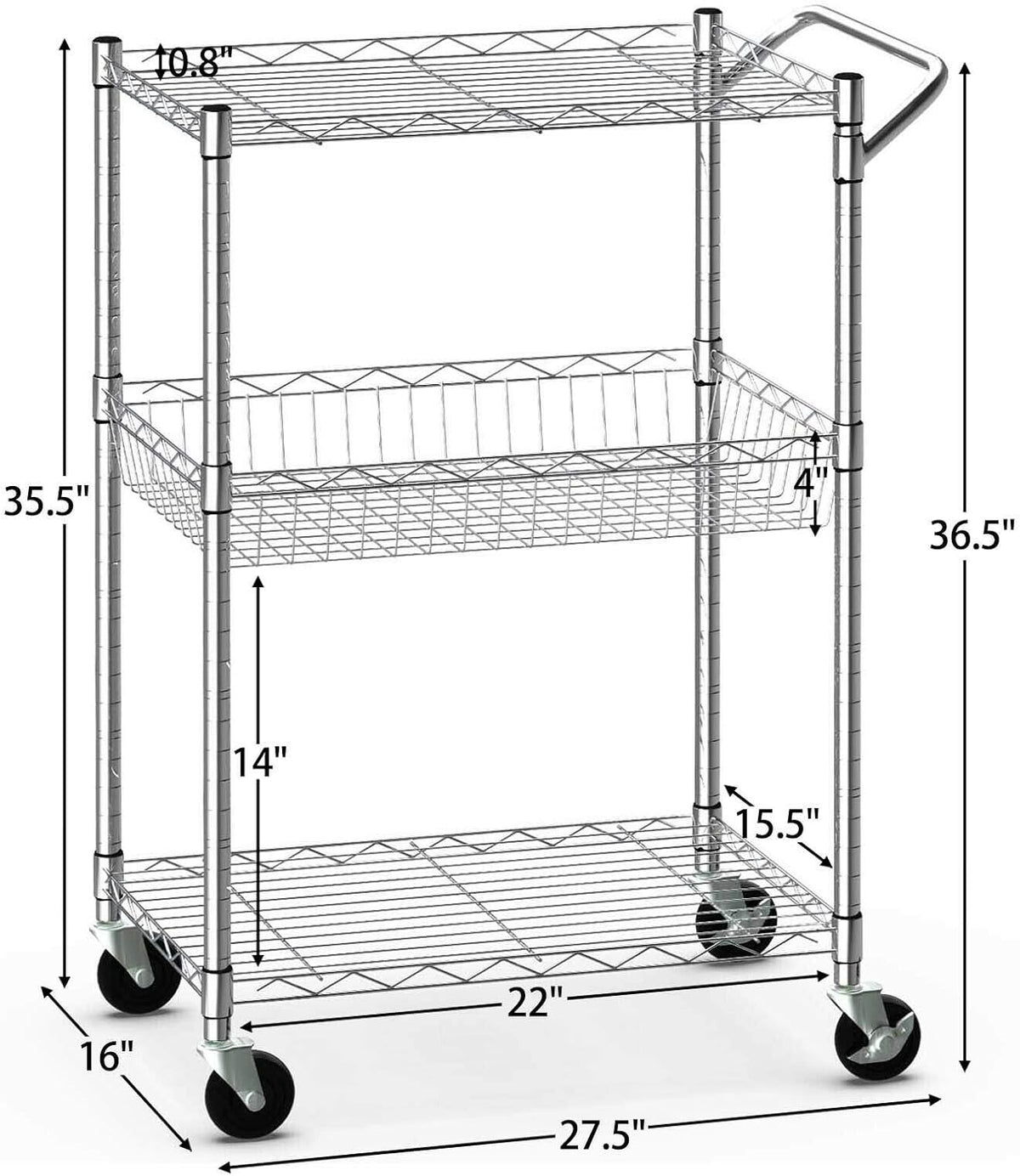 3-Tier Silver Steel Rolling Kitchen Trolley Cart with Storage Shelves X3618