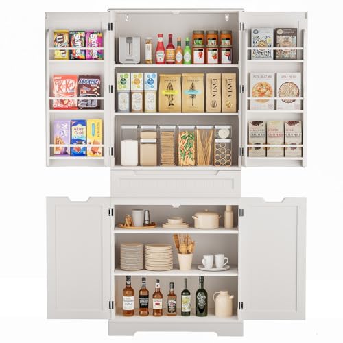 White Tall Kitchen Pantry Storage Cabinet with Doors and Shelves W16555