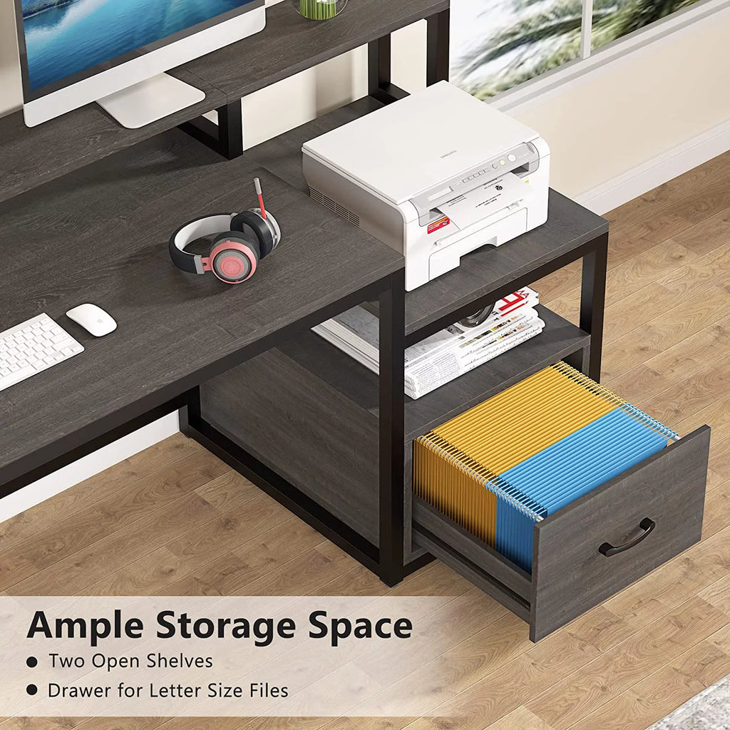 60" Gray Computer Desk with File Drawer and Storage Shelves R11737