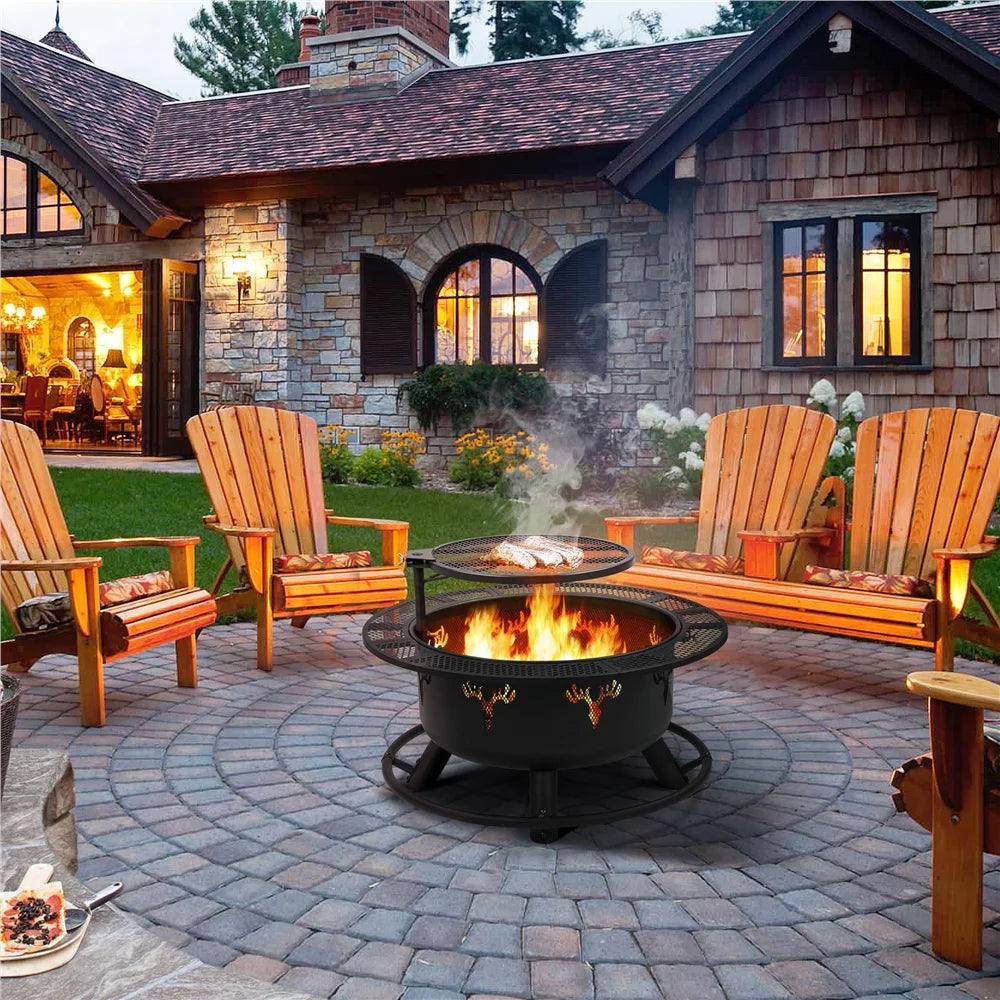 32'' Round Wood Burning Fire Pit with Poker & Swivel Cooking Grate Q877