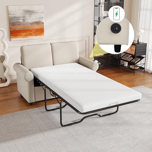 Beige Pull Out Sofa Bed with Twin Size Mattress Pad T45540