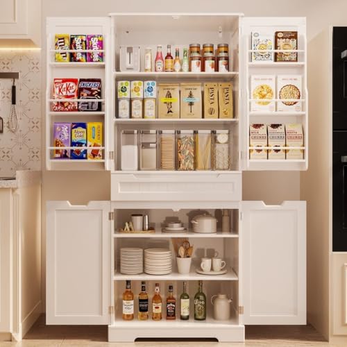 White Tall Kitchen Pantry Storage Cabinet with Doors and Shelves W16555