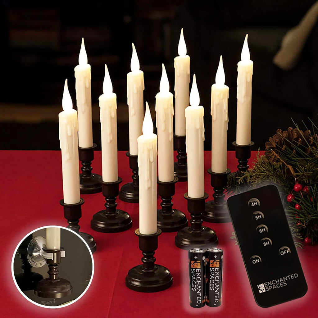 Set of 10 Ivory Window Candles with Gold Candle Stands, Battery Operated LED D209194