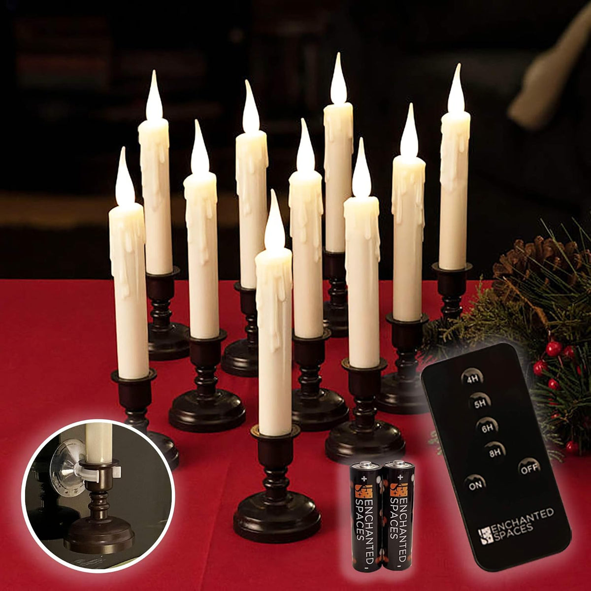 Set of 10 Ivory Window Candles with Gold Candle Stands, Battery Operated LED D209194