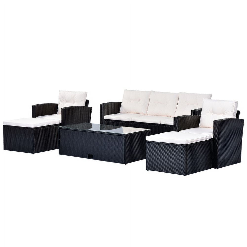 6 Piece Outdoor Patio Furniture Conversation Set with Coffee Table, All-Weather Wicker PE Rattan Sectional Sofas with Ottomans, Black Wicker Beige Cushion A26920