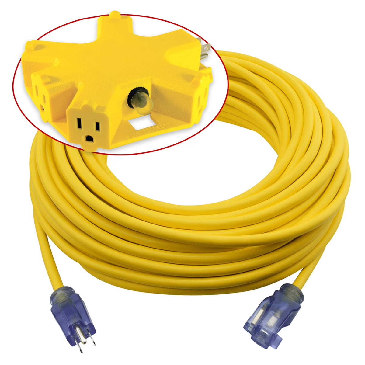12/3 SJTOW 100 ft Outdoor Extension Cord with 5 Outlet Adapter, Yellow X368737