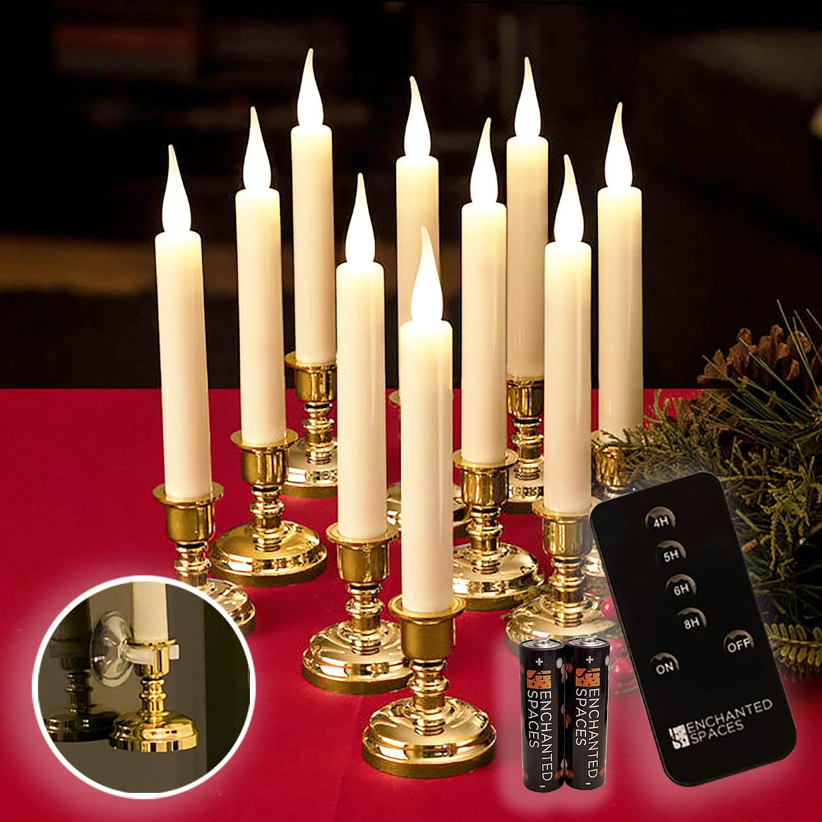 Set of 10 Ivory Window Candles with Gold Candle Stands, Battery Operated LED D209194