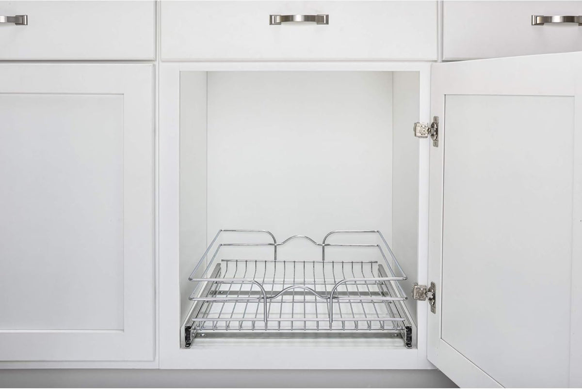 18 Inch x 20 Inch Single Wire Basket Pull Out Shelf Storage Organizer, Silver U11759