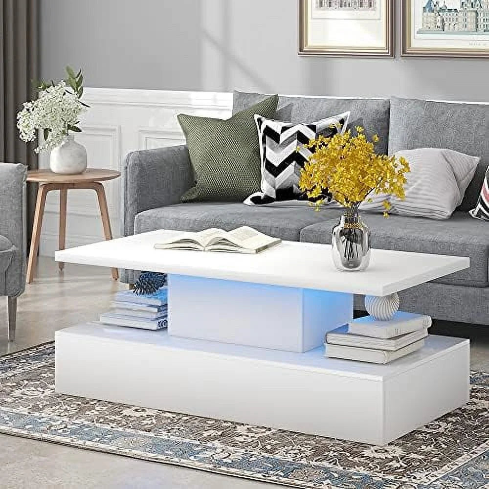 Modern High Gloss Coffee Table with LED Lights 2 Tiers 47.2 in T1165