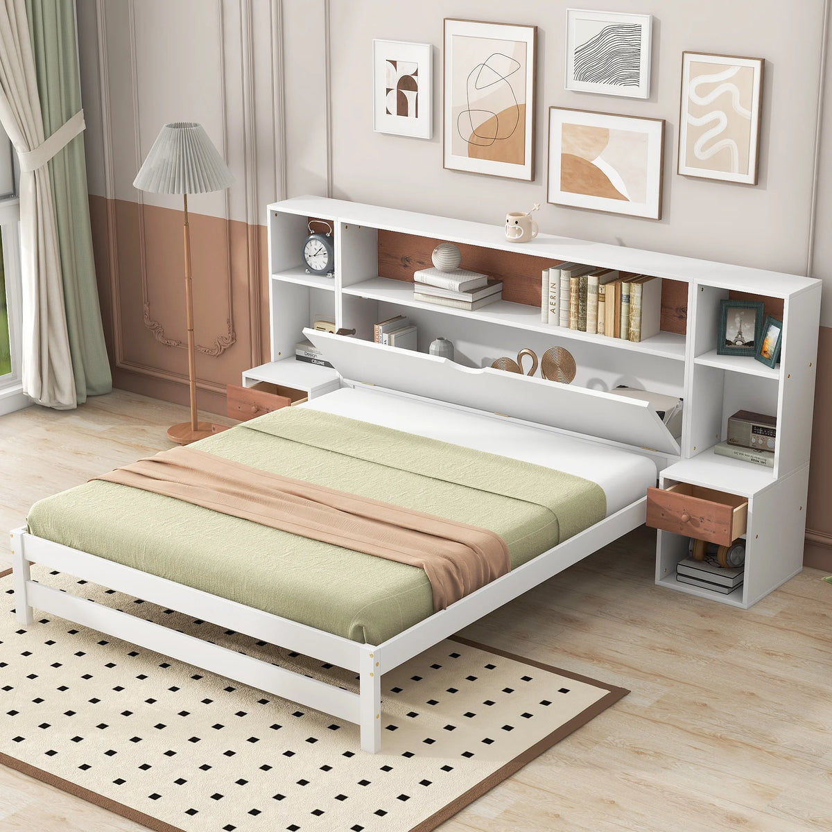 White Full Size Platform Bed with Storage Headboard and Drawers U59981