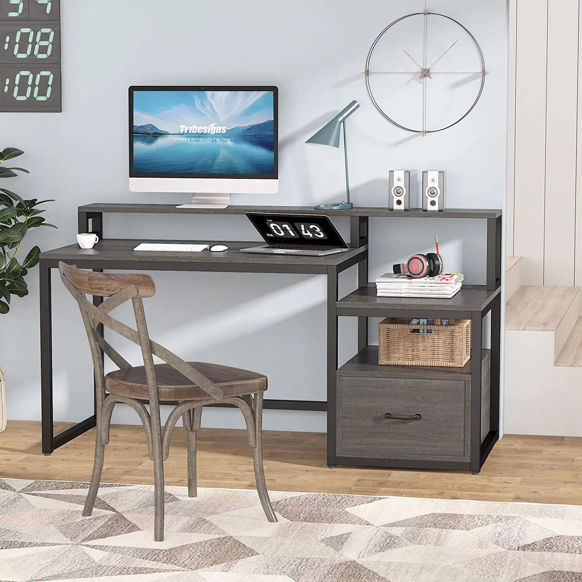 60" Gray Computer Desk with File Drawer and Storage Shelves R11737