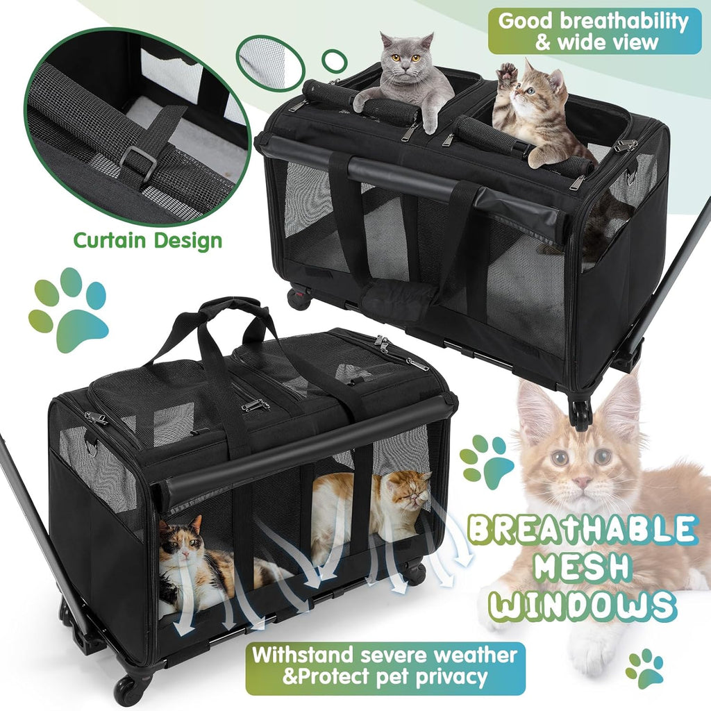 Black Large Rolling Double Compartment Pet Carrier with Wheels P7750