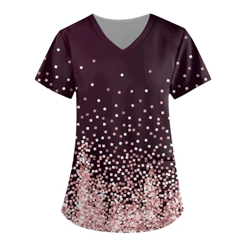 Womens Floral Printed Short Sleeve V Neck Scrubs Tops with Pocket W41015