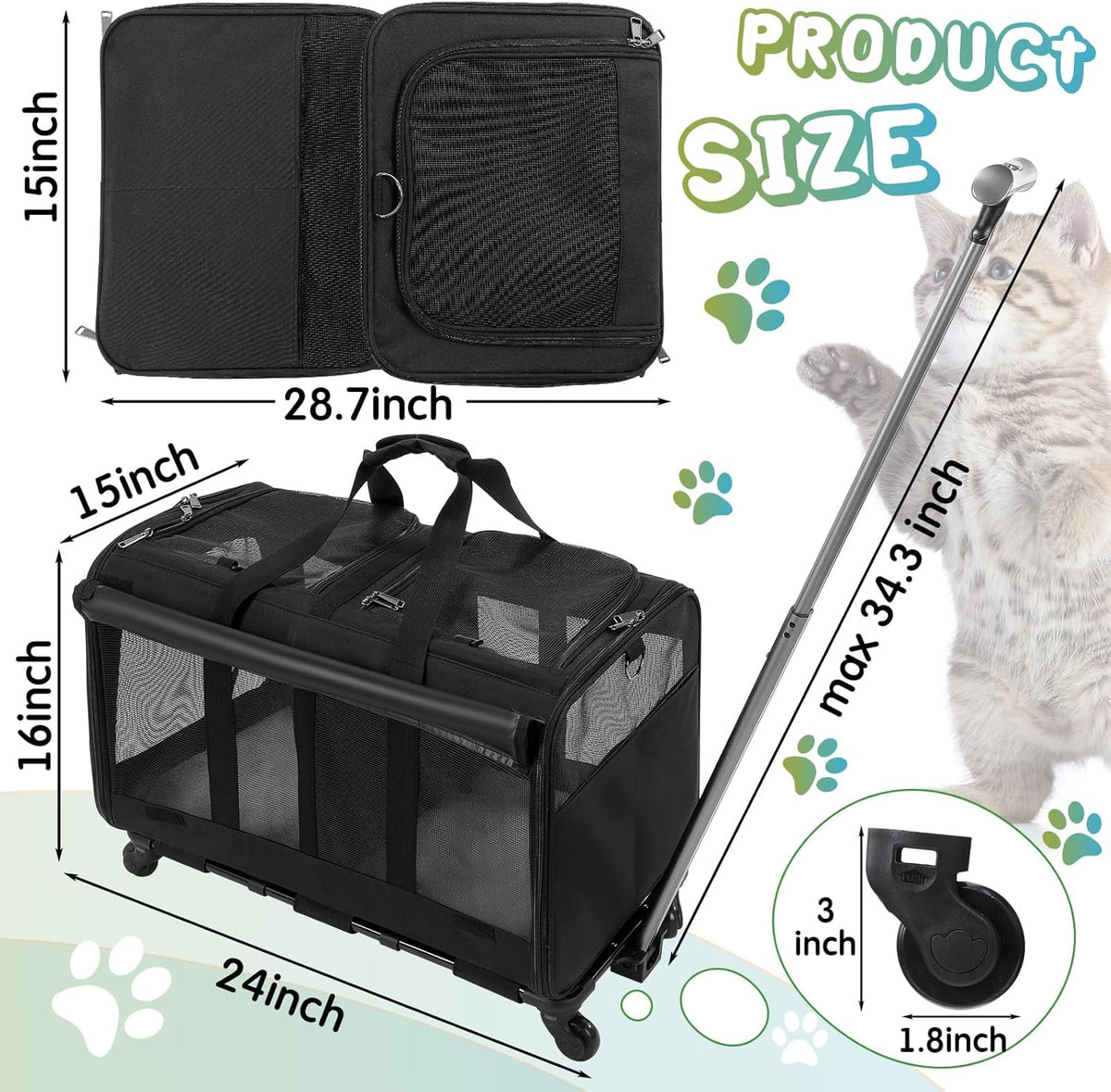 Black Large Rolling Double Compartment Pet Carrier with Wheels P7750