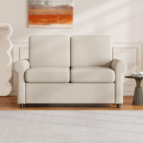 Beige Pull Out Sofa Bed with Twin Size Mattress Pad T45540