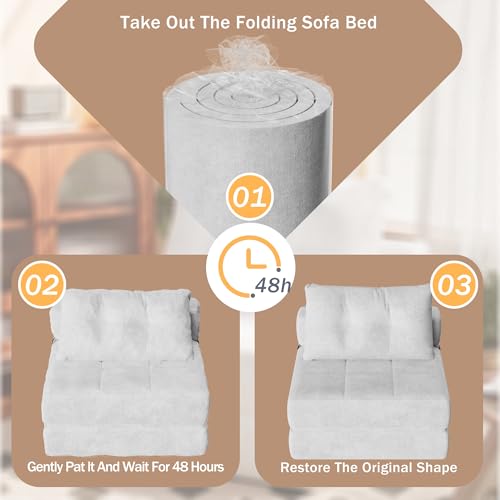 White Chenille Folding Sofa Bed with Headrest & Lumbar Pillow R184