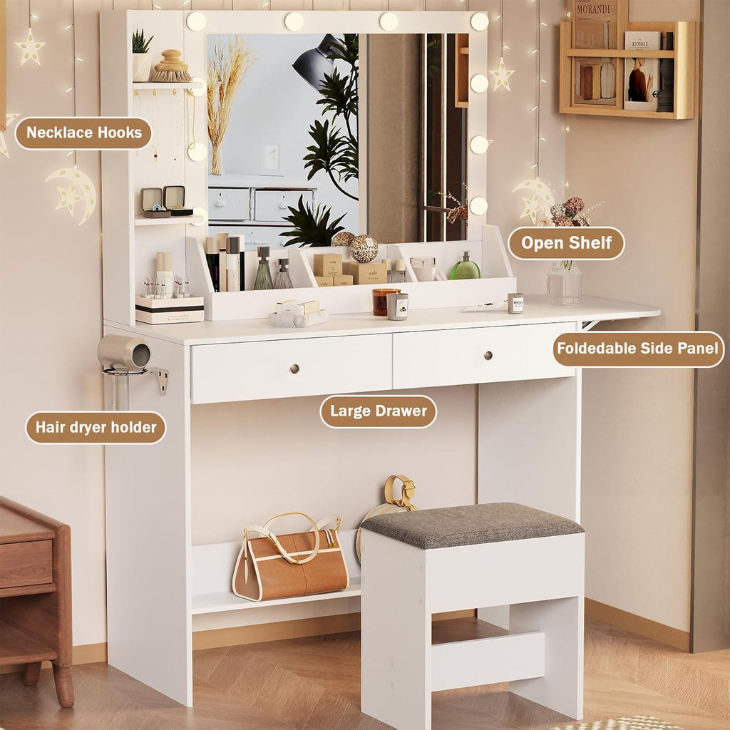 White Makeup Vanity Desk with Lights and Charging Station, 2 Drawers & Cushioned Stool U562