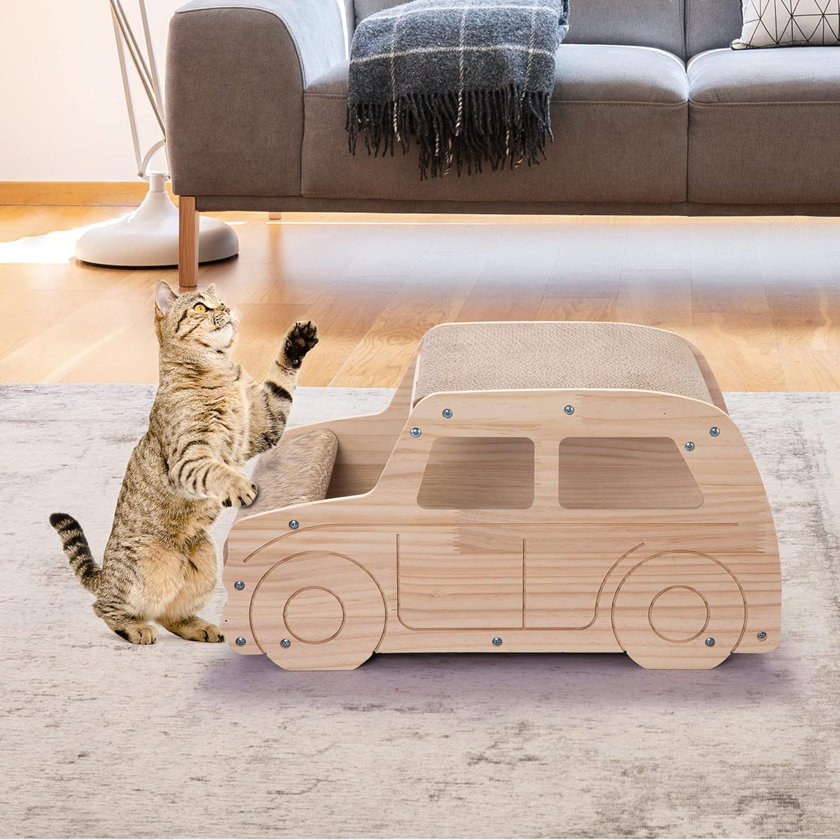 2-in-1 Wood Corrugated Cat Scratcher, Natural Pine Board, Durable Cardboard K737712