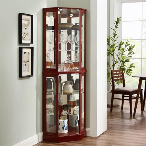 6-Tier Lighted Corner Curio Cabinet with Mirrors and Adjustable Shelves (Cherry) R283717