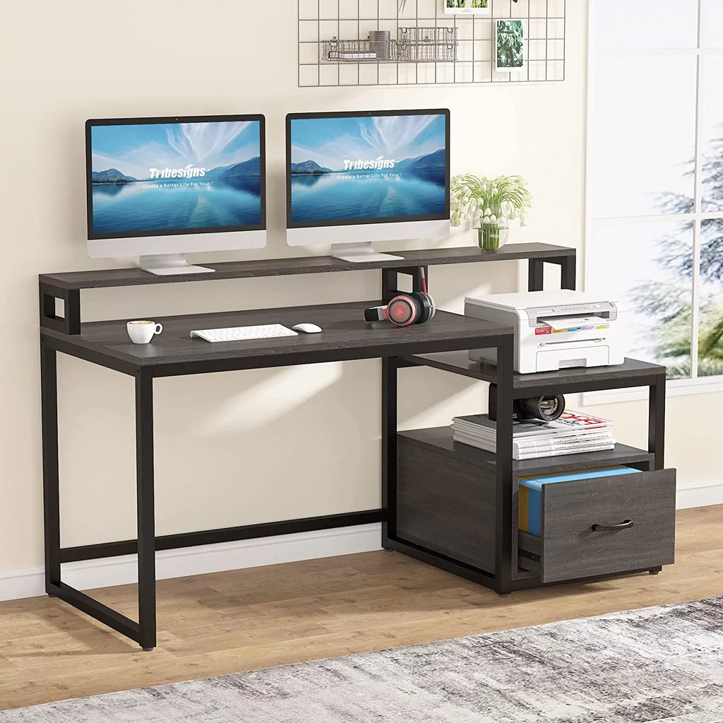 60" Gray Computer Desk with File Drawer and Storage Shelves R11737