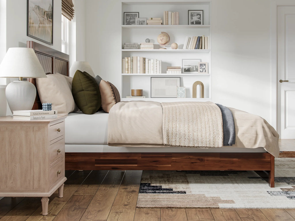 Queen Solid Wood Low Profile Platform Bed with Footboard, Walnut T85879