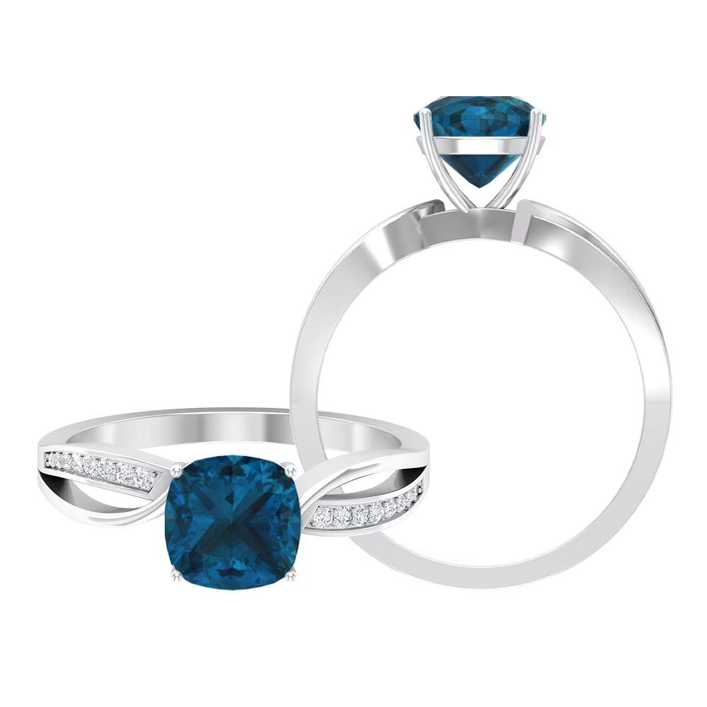1.50 CT Cushion Cut London Blue Topaz Solitaire and Diamond Ring, 925 Sterling Silver, US 4.00 F1675