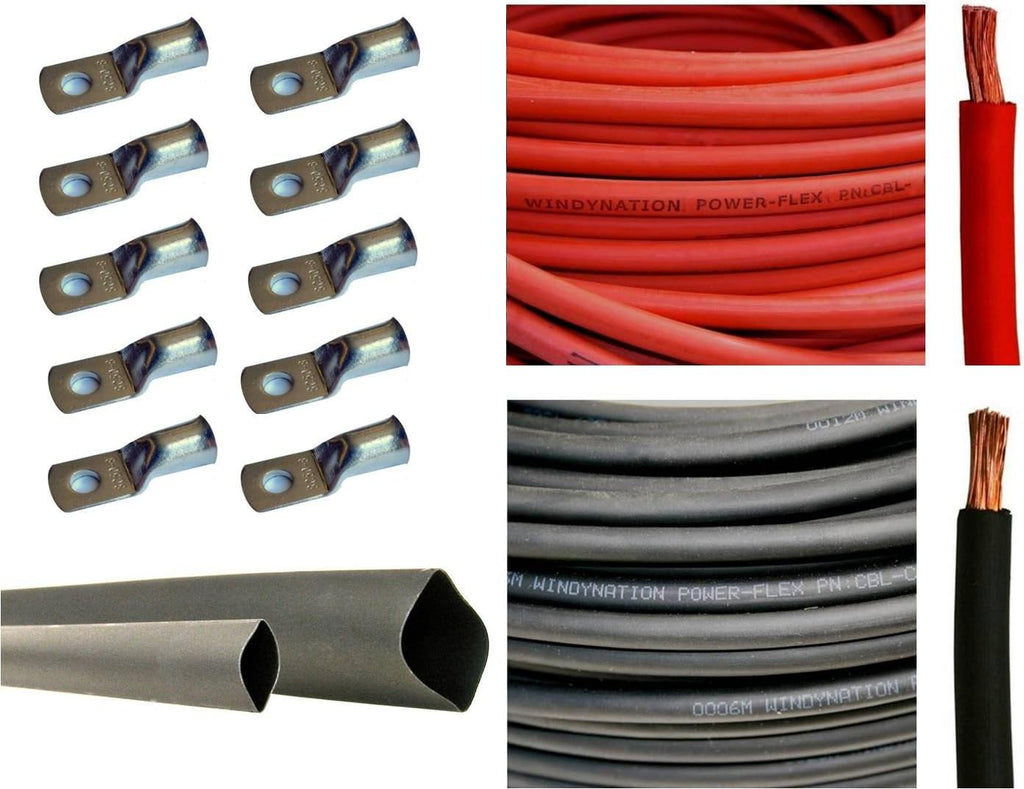 4 Gauge 15 Feet Red + 15 Feet Black Pure Copper Flexible Cable + 10pcs 3/8 Tinned Copper Cable Lug Terminal Connectors + 3 Feet Black Heat Shrink Tubing W87447