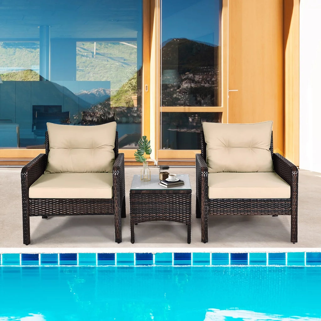 3PCS Brown Patio Rattan Furniture Set with Cushioned Chairs Coffee Table M67627