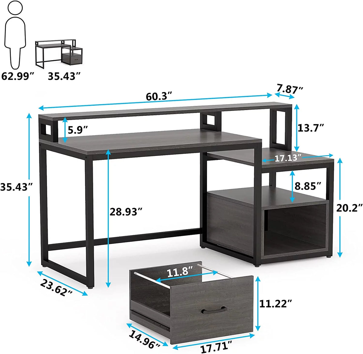 60" Gray Computer Desk with File Drawer and Storage Shelves R11737