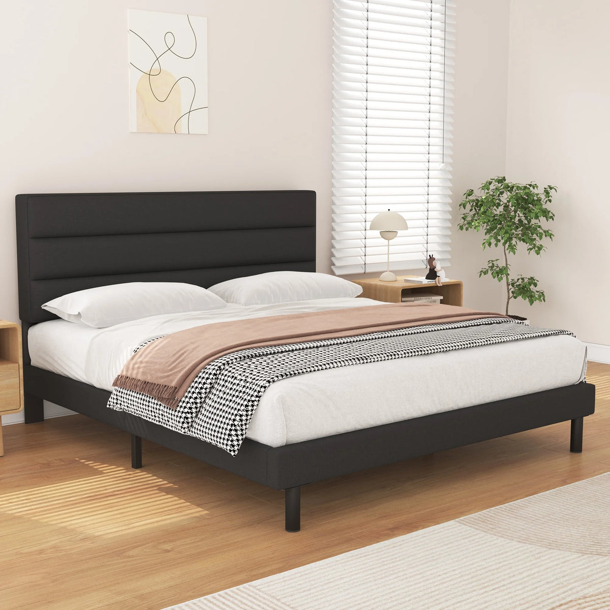 Queen Size Wingback Fabric Upholstered Platform Bed Frame D351