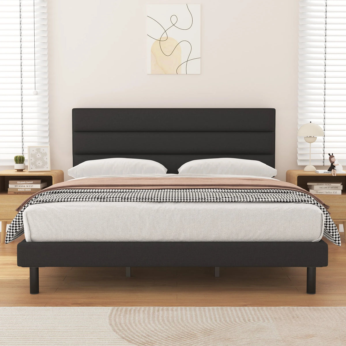 Queen Size Wingback Fabric Upholstered Platform Bed Frame D351