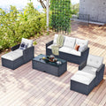 6 Piece Outdoor Patio Furniture Conversation Set with Coffee Table, All-Weather Wicker PE Rattan Sectional Sofas with Ottomans, Black Wicker Beige Cushion A26920