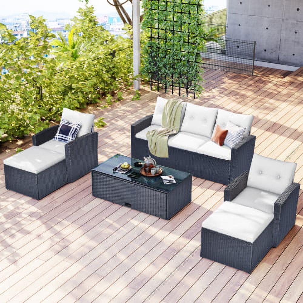6 Piece Outdoor Patio Furniture Conversation Set with Coffee Table, All-Weather Wicker PE Rattan Sectional Sofas with Ottomans, Black Wicker Beige Cushion A26920