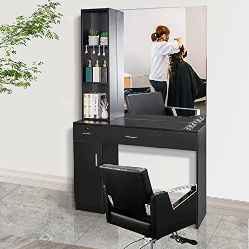 Black Wall Mount Barber Station with Mirror, 2 Drawers, 1 Storage Cabinet, 3 Open Shelves K884802