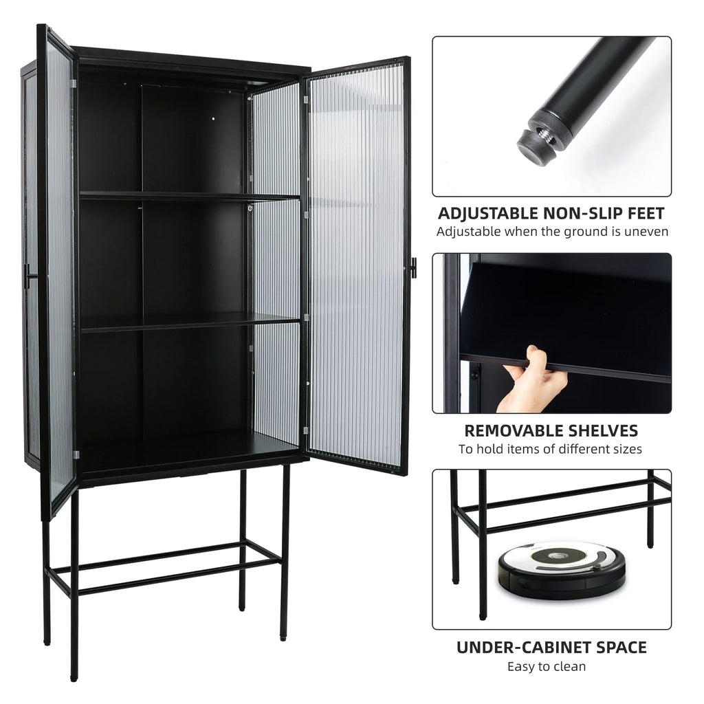 Black Fluted Glass High Cabinet with Dual Doors Q155479