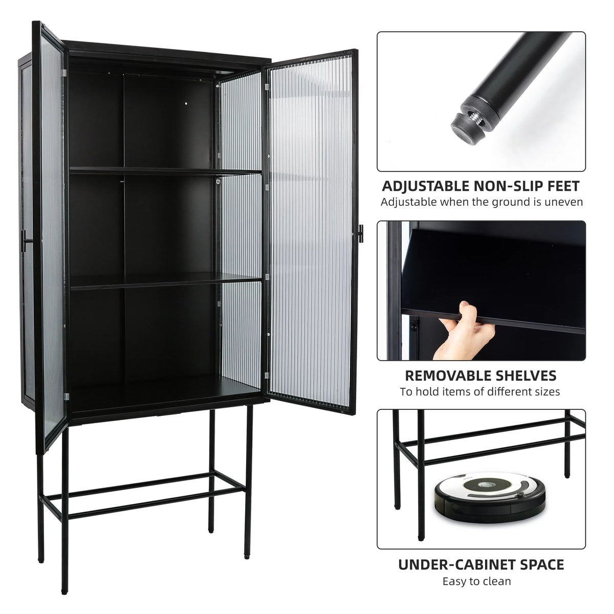 Black Fluted Glass High Cabinet with Dual Doors Q155479