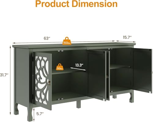 Forest Green Buffet Cabinet with Mirror and Adjustable Shelves R232