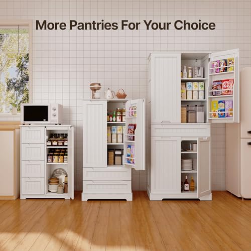 White Tall Kitchen Pantry Storage Cabinet with Doors and Shelves W16555