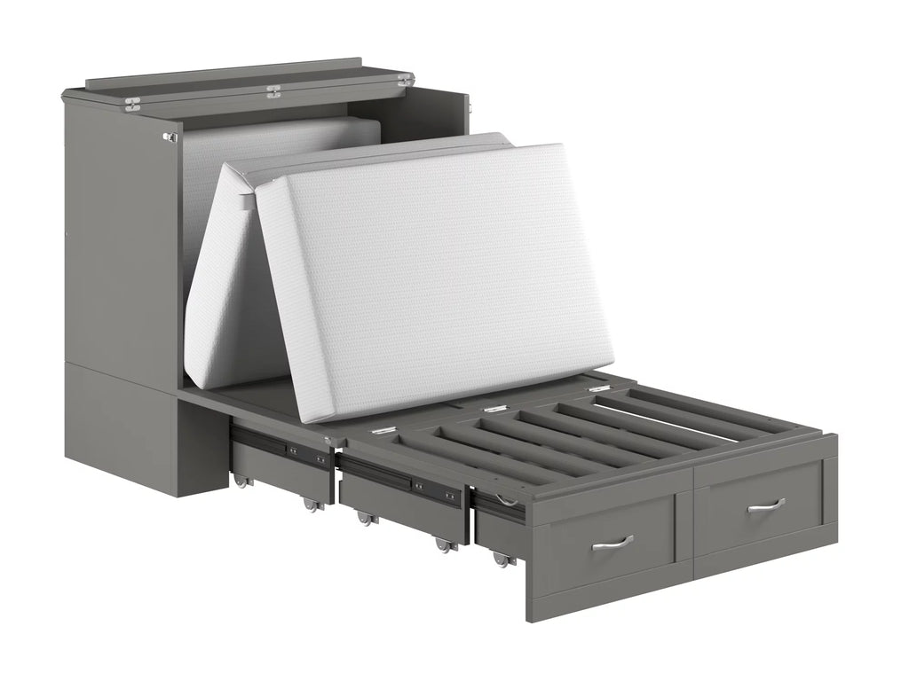 Twin XL Solid Wood Murphy Bed Chest with Mattress, Drawer and Charger, Grey P57607