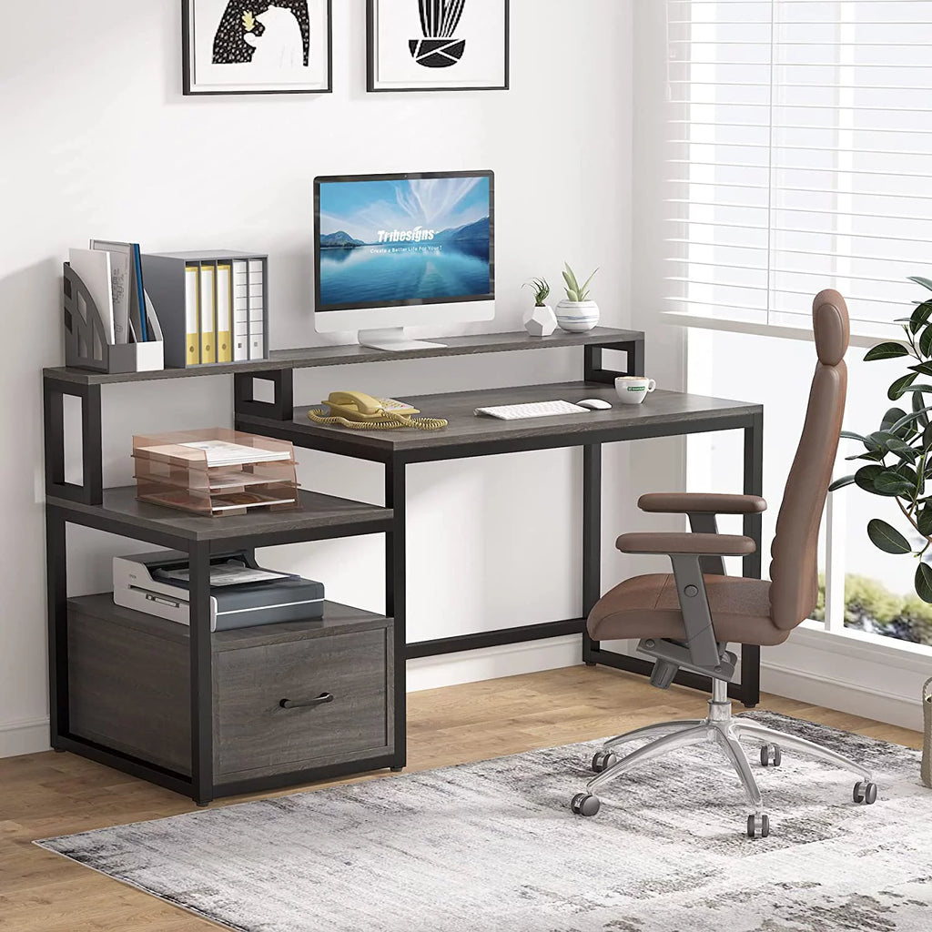 60" Gray Computer Desk with File Drawer and Storage Shelves R11737