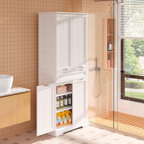 White Tall Kitchen Pantry Storage Cabinet with Doors and Shelves W16555