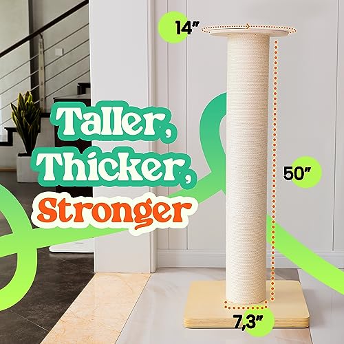 50" Tall Cat Scratching Post, 7.3" Thick Post, Solid Wood Base & Natural Sisal Rope U180109